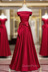 Burgundy Satin Off the Shoulder Bow Evening Prom Dresses