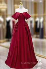 Burgundy Satin Off the Shoulder Long Evening Prom Dresses