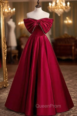 Burgundy Satin Off the Shoulder Pearls Bow Evening Prom Dresses