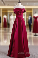 Burgundy Satin Off the Shoulder Pearls Evening Prom Dresses
