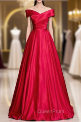 Burgundy Satin Off the Shoulder Pleats Evening Prom Dresses