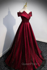 Burgundy Satin Off the Shoulder Evening Prom Dresses, A-Line Evening Graduation Dresses
