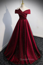 Burgundy Satin Off the Shoulder Evening Prom Dresses, A-Line Evening Graduation Dresses