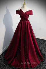 Burgundy Satin Off the Shoulder Evening Prom Dresses, A-Line Evening Graduation Dresses