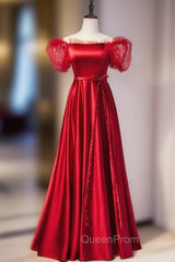 Burgundy Satin Off the Shoulder Puff Sleeve Beading Evening Prom Dresses
