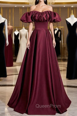 Burgundy Satin Off the Shoulder Puff Sleeve Pleats Evening Prom Dresses