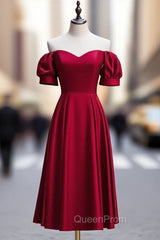 Burgundy Satin Off the Shoulder Puff Sleeve Evening Prom Dresses