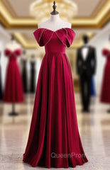 Burgundy Satin Pleats Off the Shoulder Pearls Evening Prom Dresses