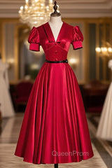 Burgundy Satin Puff Sleeve Backless Short Evening Prom Dresses