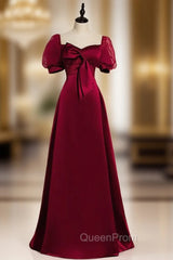 Burgundy Satin Puff Sleeve Beading Bow Evening Prom Dresses