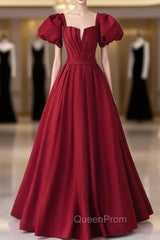 Burgundy Satin Puff Sleeve Pleats Evening Prom Dresses