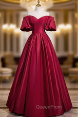 Burgundy Satin Puff Sleeve Evening Prom Dresses