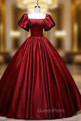 Burgundy Satin Sequins Puff Sleeve Quinceanera Dresses