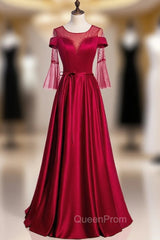 Burgundy Satin Short Sleeve Beading Backless Evening Prom Dresses