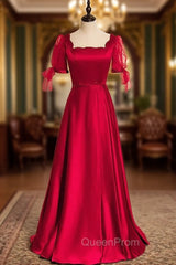 Burgundy Satin Short Sleeve Beading Evening Prom Dresses