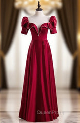 Burgundy Satin Short Sleeve Pearls Evening Prom Dresses