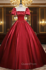 Burgundy Satin Short Sleeve Pleats Evening Prom Dresses