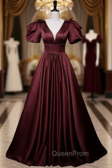 Burgundy Satin Short Sleeve V-neck Evening Prom Dresses