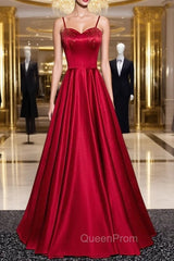 Burgundy Satin Spaghetti Straps Beading Evening Prom Dresses