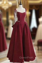 Burgundy Satin Spaghetti Straps Bow Evening Prom Dresses