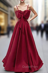 Burgundy Satin Spaghetti Straps Evening Prom Dresses With Bow