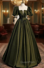 Burgundy Satin Square Puff Sleeve Pleats Evening Prom Dresses