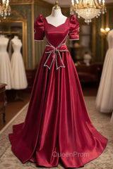 Burgundy Satin Square Short Sleeve Bow Evening Prom Dresses