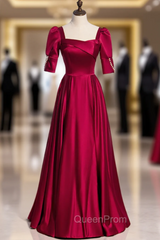 Burgundy Satin Square Short Sleeve Pearls Evening Prom Dresses