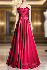 Burgundy Satin Strapless Beading Evening Prom Dresses