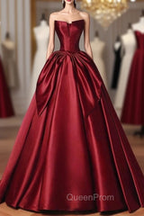 Burgundy Satin Strapless Bow Evening Prom Dresses