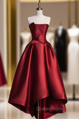 Burgundy Satin Strapless Evening Prom Dresses