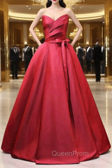 Burgundy Satin Strapless Pleats Evening Prom Dresses With Belt