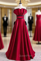 Burgundy Satin Strapless Pleats Evening Prom Dresses