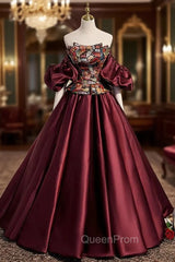 Burgundy Satin Strapless Evening Prom Dresses