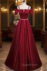 Burgundy Satin Straps Bow Evening Prom Dresses