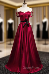 Burgundy Satin Sweetheart Evening Prom Dresses With Belt