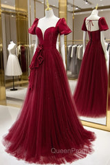 Burgundy Satin Tulle Long Evening Prom Dresses, A-Line Short Sleeve Evening Party Dresses