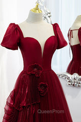 Burgundy Satin Tulle Long Evening Prom Dresses, A-Line Short Sleeve Evening Party Dresses