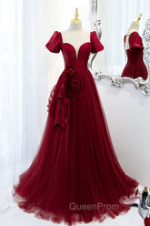 Burgundy Satin Tulle Long Evening Prom Dresses, A-Line Short Sleeve Evening Party Dresses
