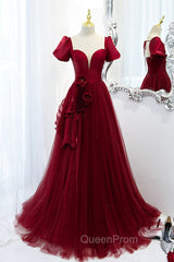 Burgundy Satin Tulle Long Evening Prom Dresses, A-Line Short Sleeve Evening Party Dresses