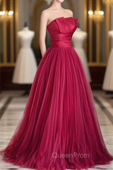 Burgundy Satin Tulle Long Evening Prom Dresses, A-Line Strapless Evening Dresses