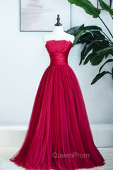 Burgundy Satin Tulle Long Evening Prom Dresses, A-Line Strapless Evening Dresses