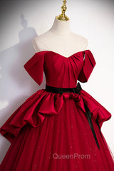 Burgundy Satin Tulle Long Evening Prom Dresses, Off Shoulder Evening Dresses