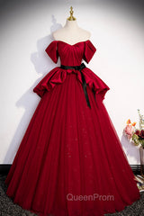 Burgundy Satin Tulle Long Evening Prom Dresses, Off Shoulder Evening Dresses