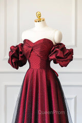 Burgundy Satin Tulle Long Evening Prom Dresses, Off Shoulder Evening Party Dresses
