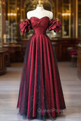 Burgundy Satin Tulle Long Evening Prom Dresses, Off Shoulder Evening Party Dresses