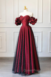 Burgundy Satin Tulle Long Evening Prom Dresses, Off Shoulder Evening Party Dresses