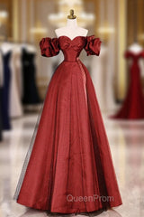 Burgundy Satin Tulle Long Evening Prom Dresses, Off the Shoulder Evening Party Dresses