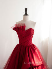 Burgundy Satin Tulle Long Evening Prom Dresses, Burgundy Evening Dresses