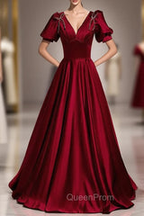 Burgundy Satin V-neck Beading Puff Sleeve Evening Prom Dresses